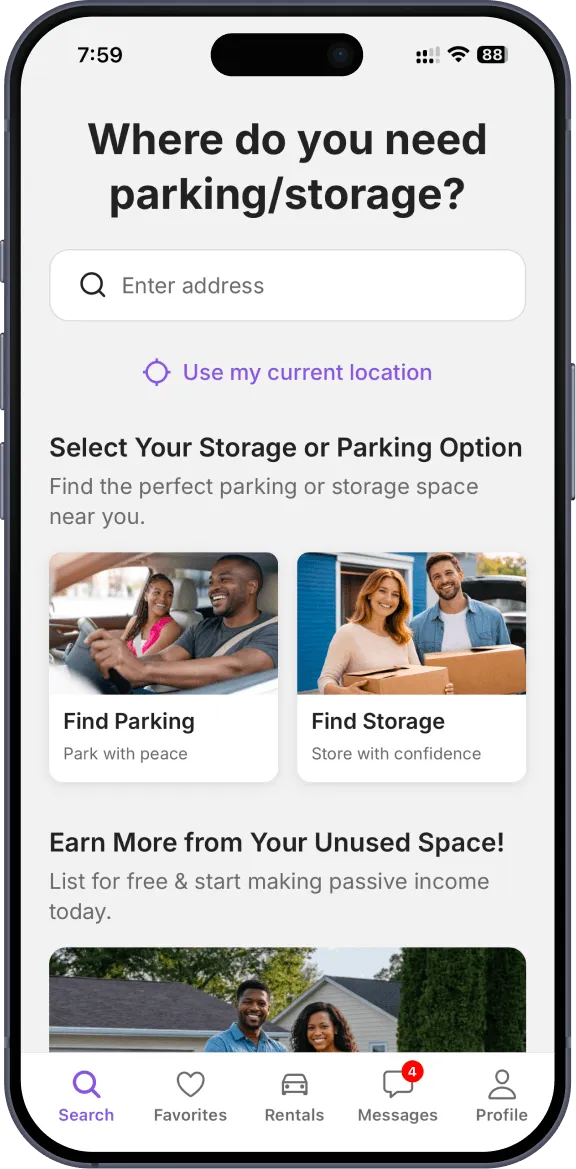 ParkStow mobile app interface for booking monthly parking and storage in Toronto